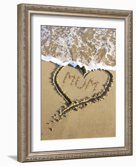 Heart Drawn in the Sand of a Beach with Mum Inside-null-Framed Photographic Print