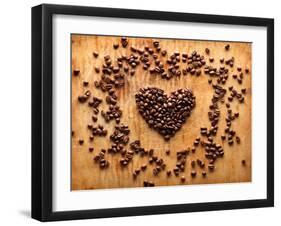 Heart Shape From Brown Coffee Beans, Close-Up On Old Vintage Wooden Background-ouh_desire-Framed Art Print