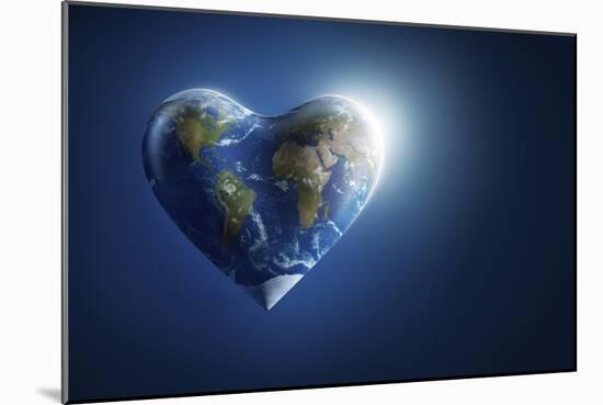 Heart-Shaped Planet Earth on a Dark Blue Background-null-Mounted Art Print