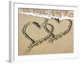 Heart Two Drawn into Sand with Surf-null-Framed Photographic Print