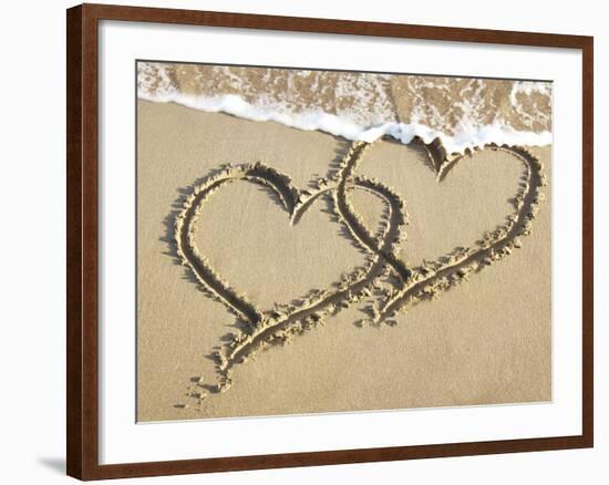 Heart Two Drawn into Sand with Surf-null-Framed Photographic Print