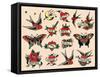 Hearts and Sparrows, Authentic Vintage Tatooo Flash by Norman Collins, aka, Sailor Jerry-Piddix-Framed Stretched Canvas