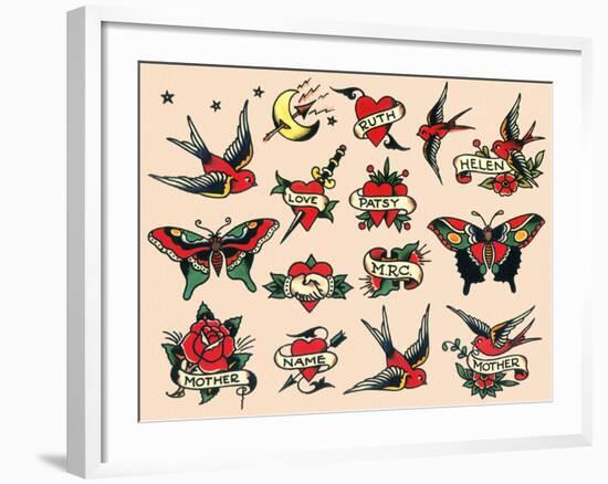 Hearts and Sparrows, Authentic Vintage Tatooo Flash by Norman Collins, aka, Sailor Jerry-Piddix-Framed Art Print