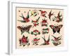 Hearts and Sparrows, Authentic Vintage Tatooo Flash by Norman Collins, aka, Sailor Jerry-Piddix-Framed Art Print