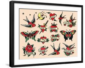 Hearts and Sparrows, Authentic Vintage Tatooo Flash by Norman Collins, aka, Sailor Jerry-Piddix-Framed Art Print