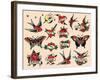 Hearts and Sparrows, Authentic Vintage Tatooo Flash by Norman Collins, aka, Sailor Jerry-Piddix-Framed Art Print