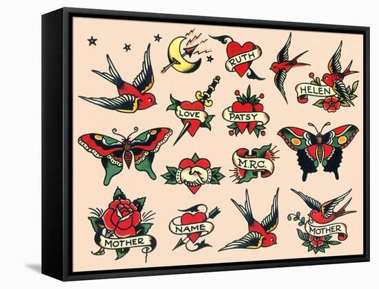 Hearts and Sparrows, Authentic Vintage Tatooo Flash by Norman Collins, aka, Sailor Jerry-Piddix-Framed Stretched Canvas