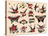 Hearts and Sparrows, Authentic Vintage Tatooo Flash by Norman Collins, aka, Sailor Jerry-Piddix-Stretched Canvas