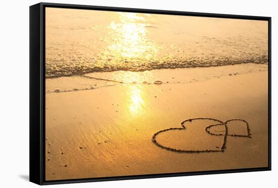 Hearts Drawn on the Sand of a Beach, Soft Wave of the Sea.-De Visu-Framed Stretched Canvas