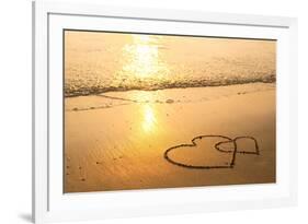 Hearts Drawn on the Sand of a Beach, Soft Wave of the Sea.-De Visu-Framed Photographic Print