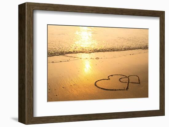 Hearts Drawn on the Sand of a Beach, Soft Wave of the Sea.-De Visu-Framed Photographic Print