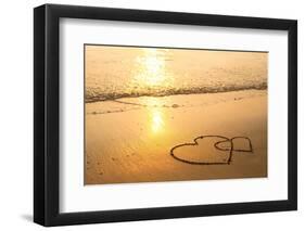 Hearts Drawn on the Sand of a Beach, Soft Wave of the Sea.-De Visu-Framed Photographic Print