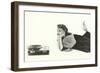 Heavily Browed Lady Listening to Record Player-null-Framed Art Print