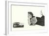 Heavily Browed Lady Listening to Record Player-null-Framed Art Print