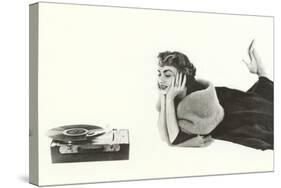 Heavily Browed Lady Listening to Record Player-null-Stretched Canvas