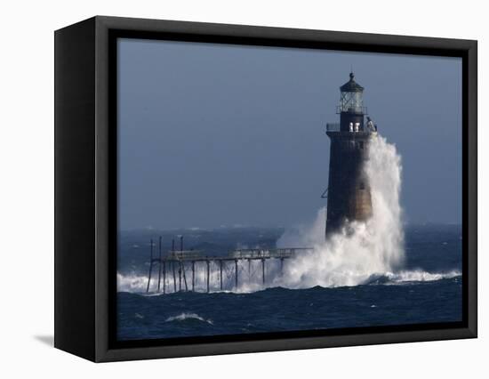 Heavy Surf Slams into the 72-Foot-Tall Ram Island Ledge Light-null-Framed Stretched Canvas