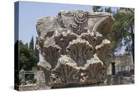 Hebrew Menorah Carved into Stone Capital in Roman Town of Capernaum-Hal Beral-Stretched Canvas