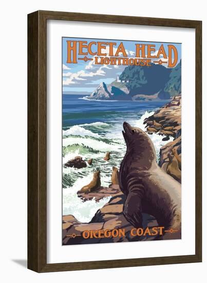 Heceta Head Lighthouse - Sea Lions-Lantern Press-Framed Art Print