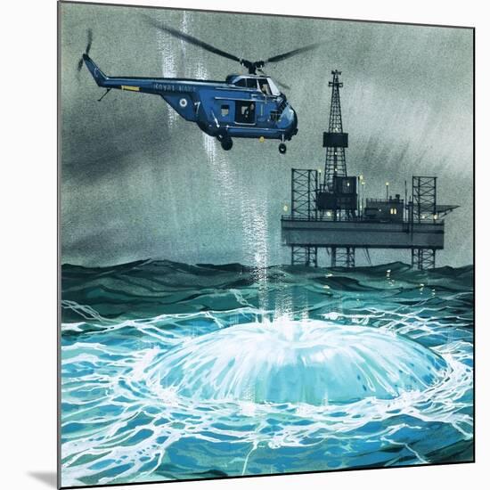 Helicopter Approaches an Oil Rig-Angus Mcbride-Mounted Giclee Print