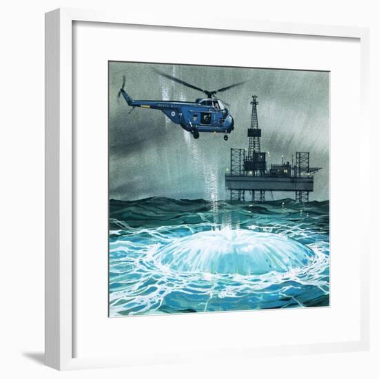 Helicopter Approaches an Oil Rig-Angus Mcbride-Framed Giclee Print