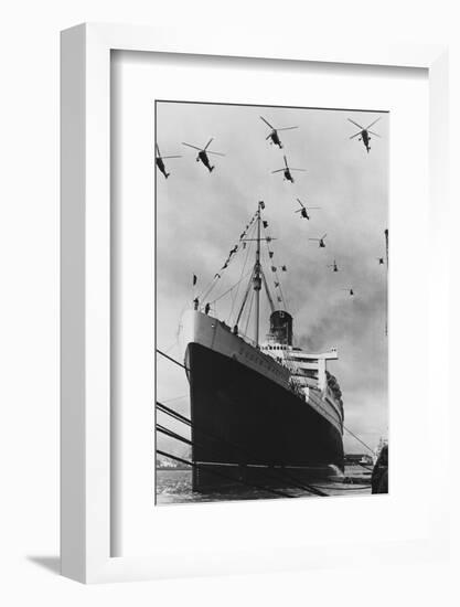 Helicopters Fly over the Queen Mary-null-Framed Photographic Print