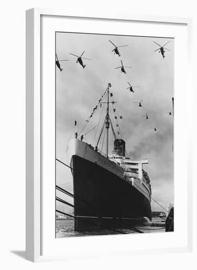 Helicopters Fly over the Queen Mary-null-Framed Photographic Print