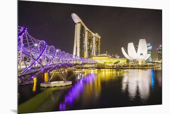 Helix Bridge, Marina Bay Sands and Artscience Museum Illuminated at Night, Marina Bay-Fraser Hall-Mounted Premium Photographic Print