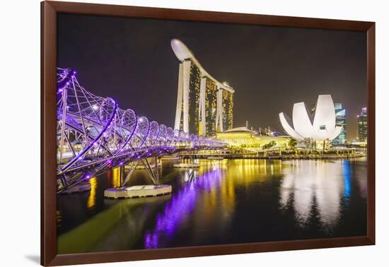 Helix Bridge, Marina Bay Sands and Artscience Museum Illuminated at Night, Marina Bay-Fraser Hall-Framed Photographic Print