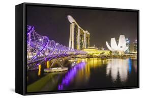 Helix Bridge, Marina Bay Sands and Artscience Museum Illuminated at Night, Marina Bay-Fraser Hall-Framed Stretched Canvas