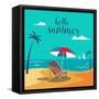 Hello Summer Poster. Tropical Beach with Palm Trees and Umbrella. Vector Background-ivector-Framed Stretched Canvas