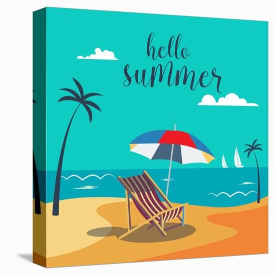 Hello Summer Poster. Tropical Beach with Palm Trees and Umbrella. Vector Background-ivector-Stretched Canvas