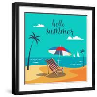 Hello Summer Poster. Tropical Beach with Palm Trees and Umbrella. Vector Background-ivector-Framed Art Print