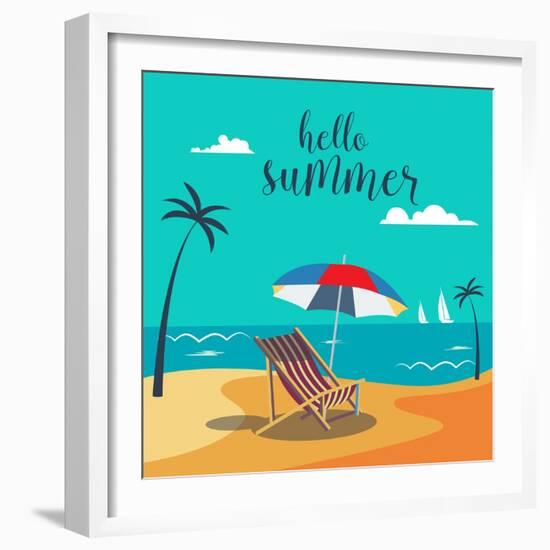 Hello Summer Poster. Tropical Beach with Palm Trees and Umbrella. Vector Background-ivector-Framed Art Print