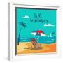 Hello Summer Poster. Tropical Beach with Palm Trees and Umbrella. Vector Background-ivector-Framed Art Print