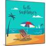 Hello Summer Poster. Tropical Beach with Palm Trees and Umbrella. Vector Background-ivector-Mounted Art Print