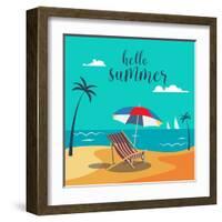 Hello Summer Poster. Tropical Beach with Palm Trees and Umbrella. Vector Background-ivector-Framed Art Print