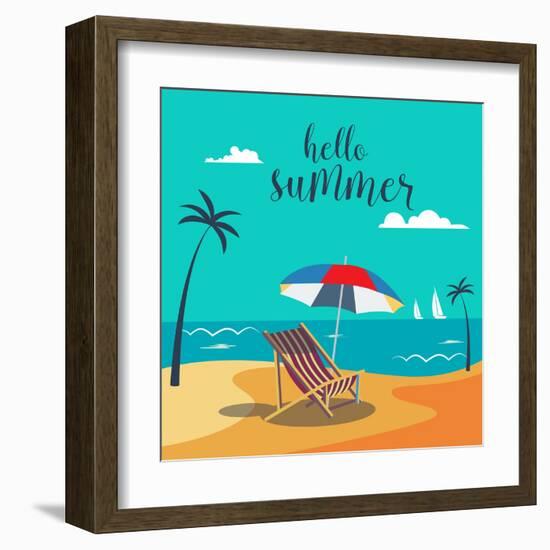 Hello Summer Poster. Tropical Beach with Palm Trees and Umbrella. Vector Background-ivector-Framed Art Print