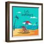 Hello Summer Poster. Tropical Beach with Palm Trees and Umbrella. Vector Background-ivector-Framed Art Print