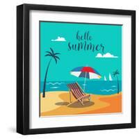 Hello Summer Poster. Tropical Beach with Palm Trees and Umbrella. Vector Background-ivector-Framed Art Print