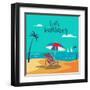 Hello Summer Poster. Tropical Beach with Palm Trees and Umbrella. Vector Background-ivector-Framed Art Print