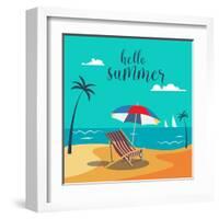 Hello Summer Poster. Tropical Beach with Palm Trees and Umbrella. Vector Background-ivector-Framed Art Print