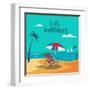 Hello Summer Poster. Tropical Beach with Palm Trees and Umbrella. Vector Background-ivector-Framed Art Print