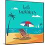 Hello Summer Poster. Tropical Beach with Palm Trees and Umbrella. Vector Background-ivector-Mounted Art Print