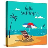 Hello Summer Poster. Tropical Beach with Palm Trees and Umbrella. Vector Background-ivector-Stretched Canvas