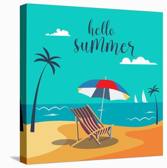 Hello Summer Poster. Tropical Beach with Palm Trees and Umbrella. Vector Background-ivector-Stretched Canvas