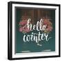 Hello Winter Text Overlay on Filtered Photo with Decor Wreaths on the Vintage Door. Typography Bann-kotoko-Framed Art Print