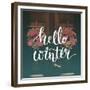 Hello Winter Text Overlay on Filtered Photo with Decor Wreaths on the Vintage Door. Typography Bann-kotoko-Framed Premium Giclee Print