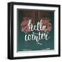 Hello Winter Text Overlay on Filtered Photo with Decor Wreaths on the Vintage Door. Typography Bann-kotoko-Framed Art Print