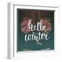 Hello Winter Text Overlay on Filtered Photo with Decor Wreaths on the Vintage Door. Typography Bann-kotoko-Framed Art Print