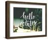 Hello Winter Typography Overlay on Blurred Photo of Christmas Trees. Lettering Banner for Greeting-kotoko-Framed Art Print